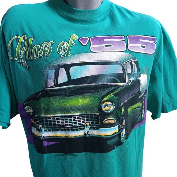 Vintage XL T-shirt 1990's AOP Warner Bros "Class Of 55" Rockabilly Auto Club - Picture 1 of 5